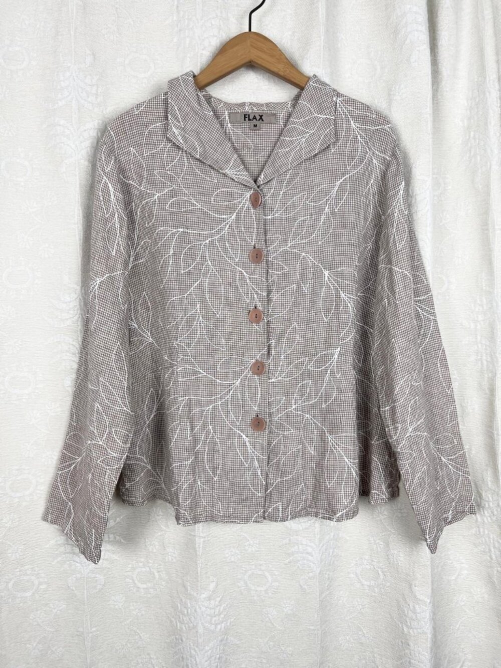 Flax linen gingham check button up blouse white leaf embroidery relaxed M brown